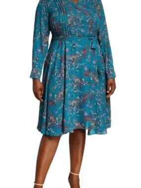Nanette Lepore Floral Midi Teal Belted Dress Dress New  #156